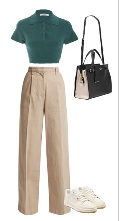 Trousers And Polo Shirt Women, Comfy Classic Outfits, Peach Color Outfits Fashion Ideas, Trousers Outfit Casual, Trousers Outfit, Casual College Outfits, Korean Casual Outfits, Beige Pants