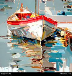 a painting of a red and white boat floating in the water next to other boats