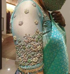 Netted Blouse Work Designs, Net Blouse With Aari Work, Net Blouse Aari Designs, Bridal Blouse With Net, Hand Design Blouse, Blouse Astin, Silver Aari Work Blouse, Maggam Work On Net Blouse