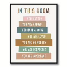 a framed poster with the words in this room on it's front and back