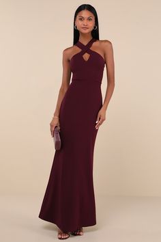 Any special occasion will be more memorable when you wear the Lulus Keep You Enchanted Dark Purple Cutout Halter Mermaid Maxi Dress! Stretchy techno crepe knit shapes this elegant-yet-sexy dress with wide straps that crisscross at the front and back, creating a halter-inspired neckline and a flirty keyhole cutout atop a princess-seamed bodice. High, fitted waist tops a figure-flaunting skirt that boasts a mermaid silhouette before falling to a maxi hemline. Hidden back zipper/clasp. Fit: This ga Mermaid Maxi Dress, Purple Maxi Dress, Halter Gown, Cutout Maxi Dress, Formal Dresses Gowns, Mermaid Silhouette, Halter Maxi Dresses, A Mermaid, Dress 100