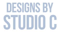 the words designs by studio c are shown in blue and white letters on a white background