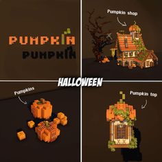 four different images of pumpkin houses and pumpkins in the same image, with text that reads pumpkin shop