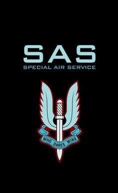 the sas special air service logo is shown on a black background with blue and red accents