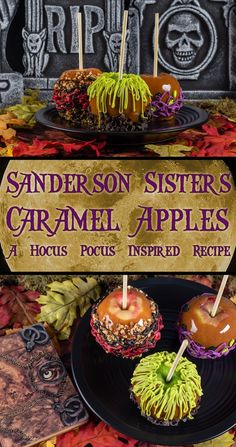 two cakes on sticks with caramel toppings in front of a sign that says, anderson sisters caramel apples