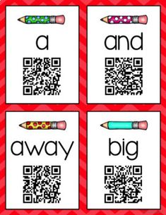 four different qr code cards with the words, and a pencil on top of them