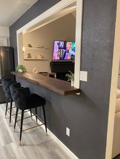 #Home Renovation Bar Between Kitchen And Dining, Wall Counter Design, Breakfast Bar Countertop Ideas, Half Wall Countertop Bar, Kitchen Hole In Wall Ideas, Half Wall Bar, Breakfast Bar Built Into Wall, Wall Mounted Bar Counter