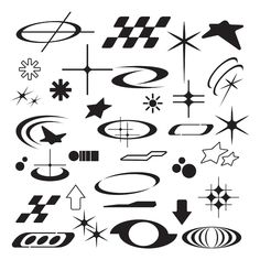 an assortment of different shapes and sizes on a white background, including stars, circles, lines