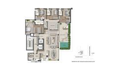 the floor plan for an apartment with three bedroom and two bathroom areas, including a swimming pool