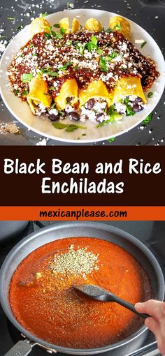 black bean and rice enchiladas in a white bowl