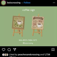 two easels with coffee paintings on them sitting next to each other in front of a green background