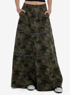 This is the skirt that keeps on giving! This skirt has an allover camo star print and comes with two zip-off tiers so you can change the length from maxi  to midi  to mini depending on your mood! Comes with front and cargo pockets.Please note: Skirt is fitted with no stretch; size up for a looser fit.97% rayon; 3% spandexWash cold; dry flat No stretch3 zippered partsImported Listed in junior sizesModel is 5'10"Model wears size Small Social Collision, Cutesy Outfit, Types Of Clothing Styles, Camo Skirt, Skirt Maxi, Cargo Skirt, Hippie Outfits, Off Black, Christmas Wishes