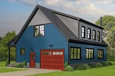 a blue house with two garages on the front and second story is shown in this artist's rendering