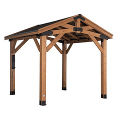 a wooden gazebo with black shins on the top and bottom sides, against a white background