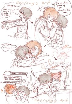 some sketches of people hugging each other