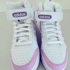 Never Worn Girls Hightop Pink And White Shoes! Great For Running, Basketball And Everyday Wear! Cute White High-top Sneakers For Spring, Cute Purple Sneakers For School, Cute White Sneakers For School, Cute White Streetwear Sneakers, Trendy White Adidas Sneakers, Cute White Sneakers For Sports, Cute White Sports Sneakers, Pink And White Shoes, Adidas Pink