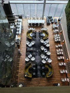 an overhead view of a restaurant with tables and chairs