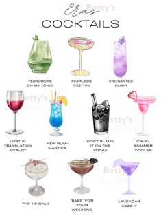 the different types of cocktails are shown in this poster, which includes names and pictures