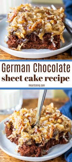 german chocolate sheet cake recipe on a white plate