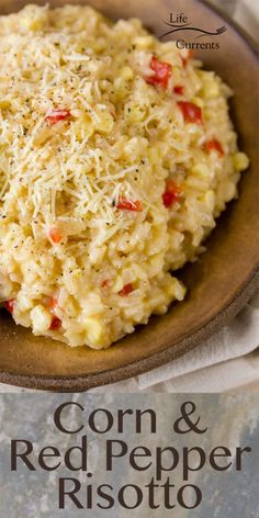 corn and red pepper risotto on a plate with the title text overlay