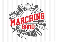 the marching band logo with musical instruments and music notes in red on a white background