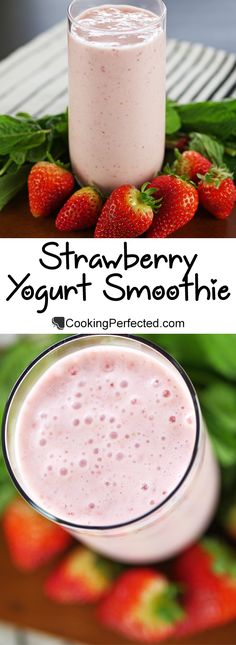 strawberry yogurt smoothie in a glass next to strawberries and spinach leaves