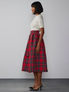 Tartan Pleated Midi Skirt | NY&Co Women's Wool Skirt, Christmas Skirts Women Classy With Boots, High Waisted Tartan Skirt, Tartan Bubble Skirt, High Wasted Plaid Skirt, Plad Midi Skirt, Christmas Skirts Women, Stewart Plaid Skirt, A Line Winter Skirts