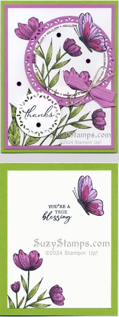 two cards with flowers and butterflies on them, one is for the stamper's choice