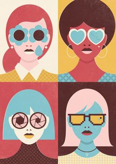 four women with heart shaped glasses on their faces