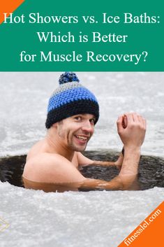 a man swimming in the water wearing a blue and gray knitted hat with text that reads hot showers vs ice baths which is better for muscle recovery?