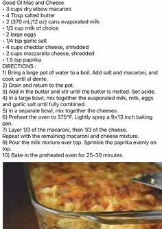 a recipe for baked macaroni and cheese in a casserole dish