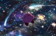 an animated character flying through the air with stars and planets in the sky behind him