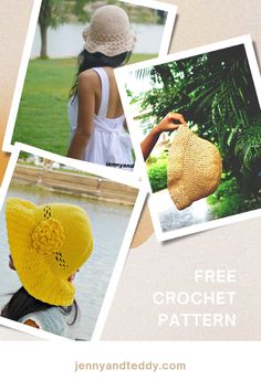 four pictures with different hats on them and the text free crochet pattern below