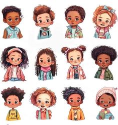 the different types of children's hair are shown in this cartoon character drawing style