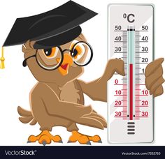 an owl wearing glasses and a graduation cap holding a thermometer in his hand