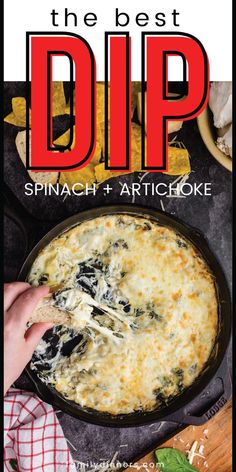 spinach and artichoke dip in a cast iron skillet with text overlay