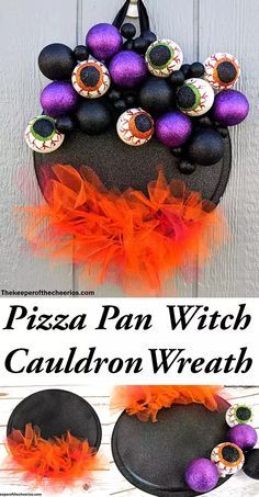 a pizza pan witch's cauldron wreath made out of black, purple and orange feathers