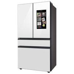 a white and black refrigerator freezer sitting next to each other on a white background