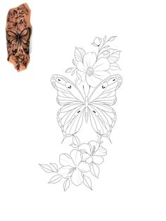 a drawing of a butterfly with flowers on it's wings and the image of a flower