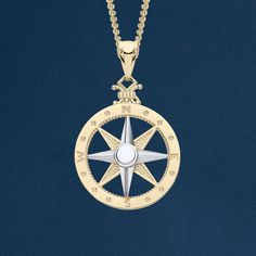 A stunning solid gold compass necklace personalised with an optional engraved tag Featuring a beautifully detailed compass, this beautiful pendant is crafted from the finest 9ct yellow and white gold and is suitable for almost any age. Make this necklace even more special by adding a personalised solid gold disc charm which is attached in your choice of location (near the clasp or next to the pendant).  Choose to engrave a name, date, initials or short message in your choice of font on one or bo White Gold Compass Design Round Pendant Necklace, White Gold Compass Medallion Necklace, White Gold Compass Design Necklace, White Gold Medallion Necklace With Compass Design, White Gold Compass Pendant Necklace, Gold Compass Necklace, Compass Necklace, Short Message, Gold Disc