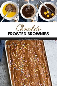 chocolate frosted brownies with sprinkles in white bowls and spoons