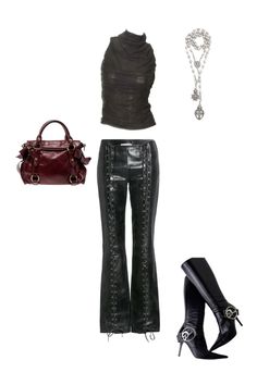 rockstar girlfriend,rockstar,pointed boots,leather panst,lace up,lace up leather pansts,red bag,aesthetic Red Bag Aesthetic, Rocker Chic Outfit, Outfits Jewelry, Rock Star Outfit, Rockstar Girlfriend, Pointed Boots, Rockstar Gf