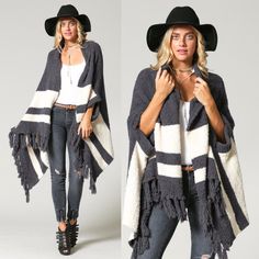 Color Block Tassel Cardigan Super Soft And Stretchy Poncho Like Cardigan Featuring Bold Stripe Detailings And Long Fringe Hemline. Fabric 100% Polyester Price Firm One Size Fringe Sweater For Fall, Fringe Shawl Cardigan For Fall, Oversized Fringe Cardigan For Fall, One Size Fringe Cardigan For Fall, Oversized Fringe Cape For Fall, Fall Fringe Cape Outerwear, Fringe Cape Outerwear For Fall, Winter Cape With Tassels, One Size Tassel Cardigan For Fall