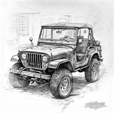 a black and white drawing of a jeep