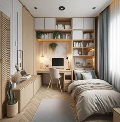 a bedroom with a bed, desk and shelves on the wall next to a window