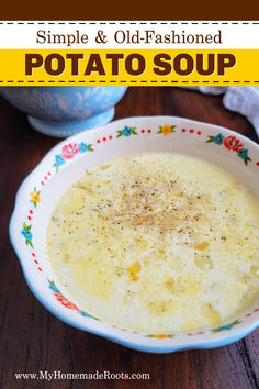 a bowl filled with potato soup on top of a wooden table