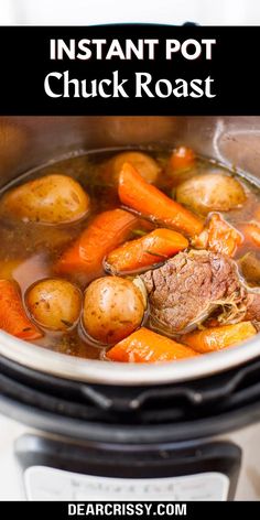 instant pot chicken roast with carrots and potatoes in a slow cooker, text overlay reads instant pot chicken roast