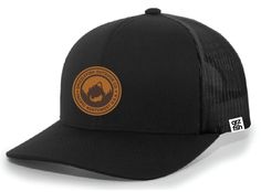 This premium trucker features our Mount GrizzlyFish original design leather patch matched with the best fitting and most comfortable trucker cap we could find. Wear it in the woods, around town, or on the road in style. Features: Top Quality Construction Shape: Mid-profile crown Visor: Pre-Curved Cotton/Poly Blend Adjustable Snapback Casual Black Hats For Outdoor Work, Adjustable Black Hat For Outdoor Work, Black Snapback Trucker Hat For Camping, Brown Trucker Hat For Camping, Black Snapback Hat With Leather Patch For Outdoor, Black Leather Trucker Hat For Outdoor, Black Trucker Hat With Leather Patch For Outdoor, Black Trucker Hat With Leather Patch, Black Snapback Trucker Hat For Hiking