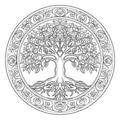 the tree of life in a circle with leaves and branches on it, drawn by hand