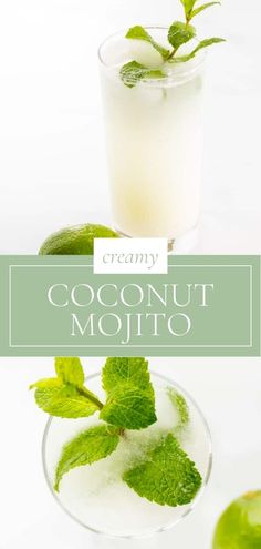 a glass filled with coconut mojito next to two limes and mint leaves